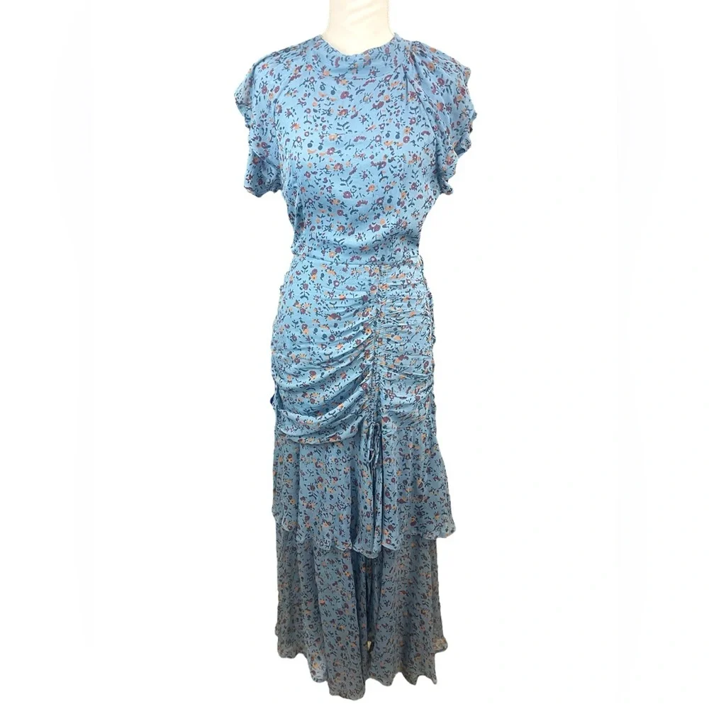 Cleobella Cecilia Blue Floral Chiffon Tiered Slit Midi Dress Lapis Block‎ Print - Picture 9 of 16